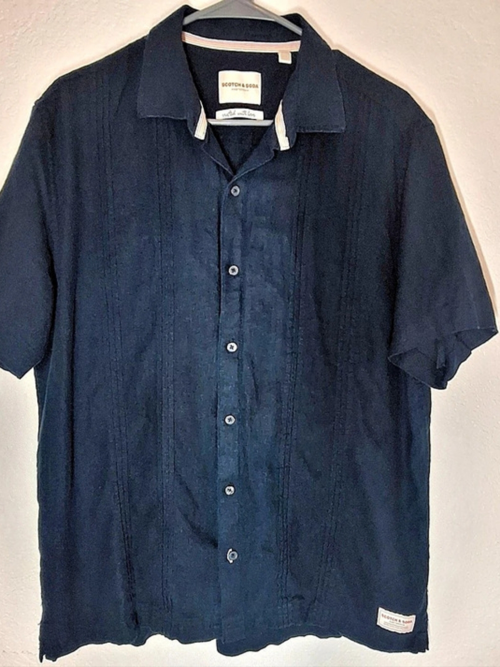 Scotch & Soda Pintuck Detail Short Sleeve Button-up Shirt Blue Large